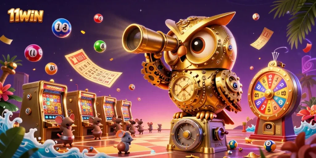 Engage with 11WIN's vibrant 3D illustration showcasing an enchanting casino scene.