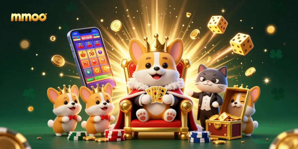 Experience exciting jackpots at mmoo with a corgi king and dynamic casino elements in a rich 3D illustration.