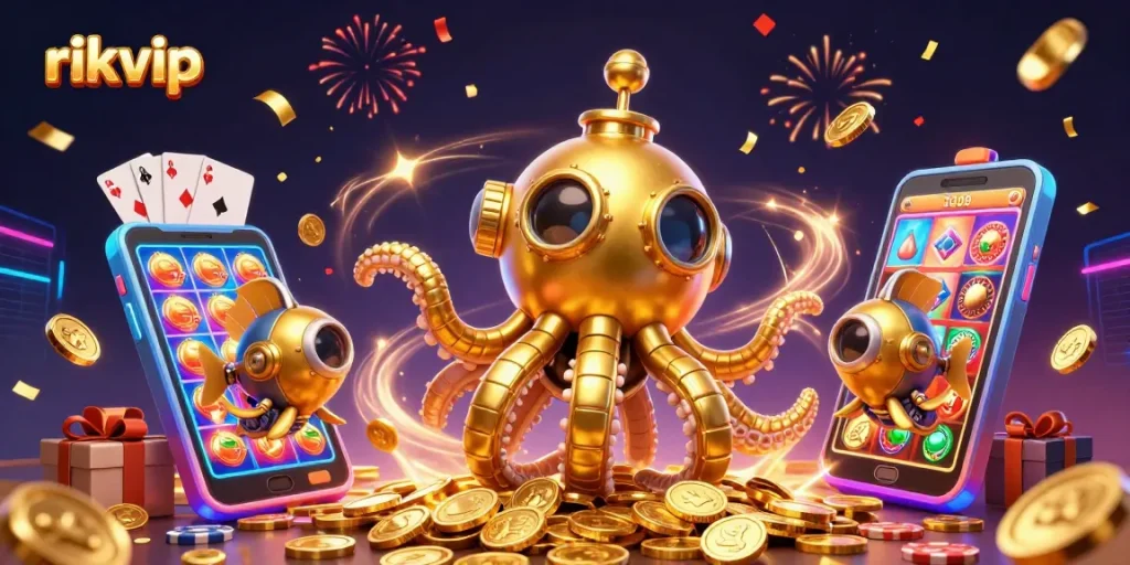 Spin your way to excitement at rikvip with a golden kraken submarine surfacing in coins and dynamic casino elements.