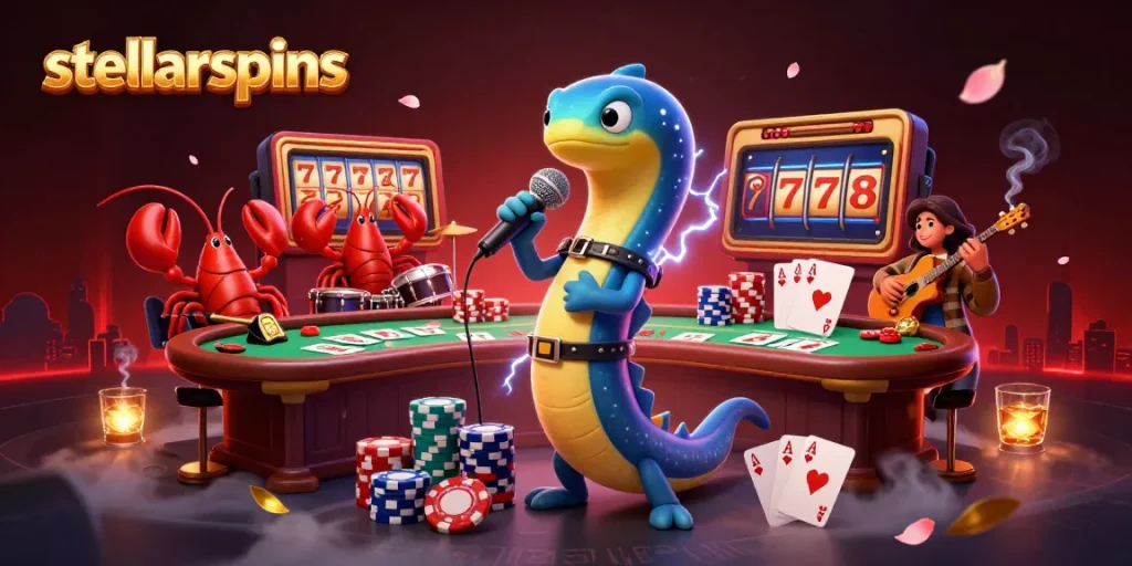 Engage with stellarspins in this vibrant underwater casino scene filled with electric characters and dynamic gambling elements.