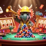 Engaging scene from a digital lifestyle blog featuring a triceratops creating poker chip pyramids amidst vivid casino elements.