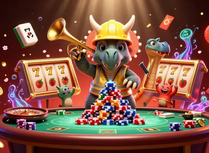 Engaging scene from a digital lifestyle blog featuring a triceratops creating poker chip pyramids amidst vivid casino elements.
