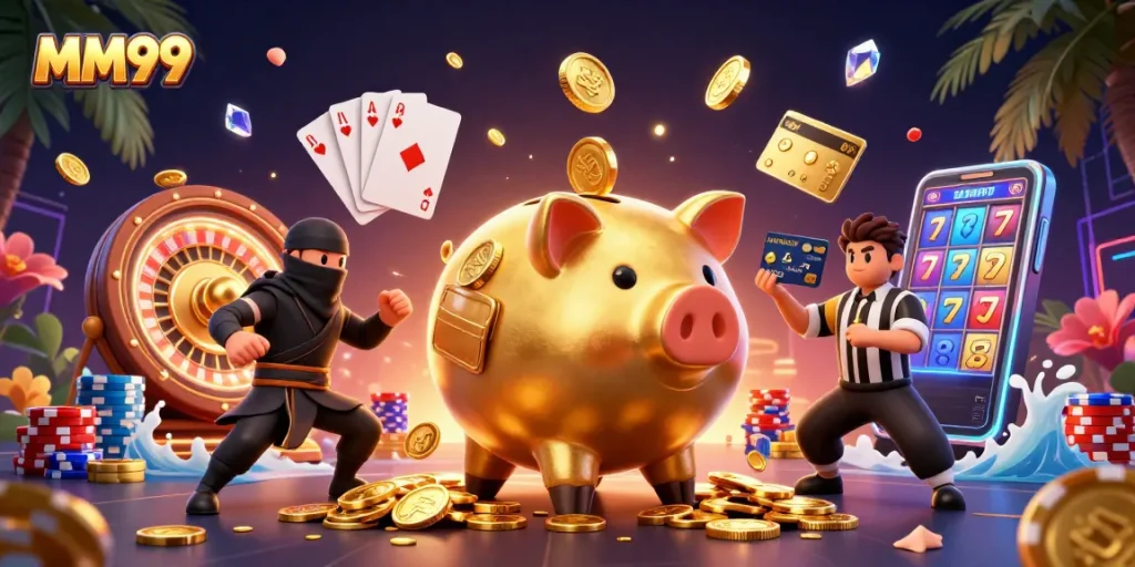 Experience the thrill of MM99 as a golden piggy bank sumo wrestler unleashes coins in a vivid casino scene.