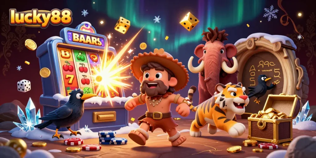 Engage in thrilling gameplay with lucky88 at a vibrant prehistoric casino scene.