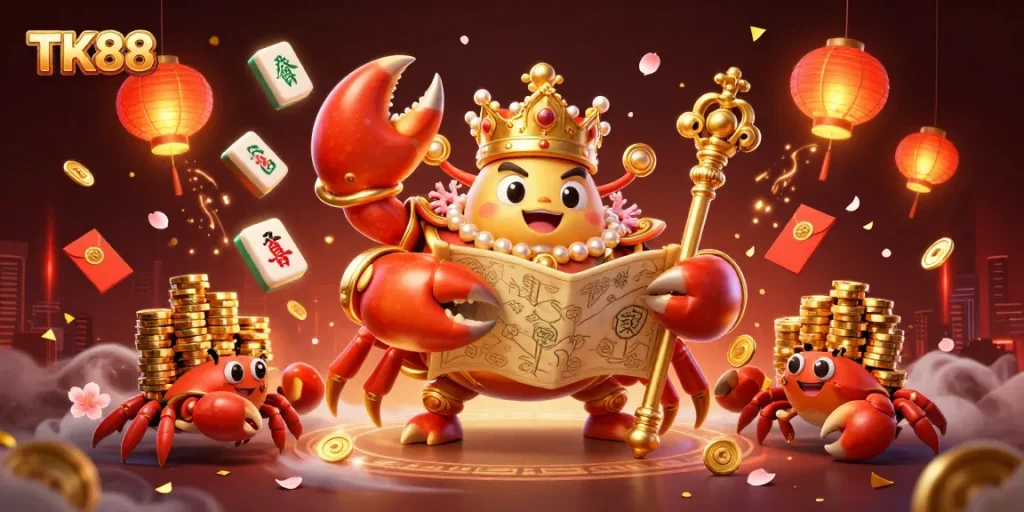 Engage with TK88's golden crab emperor and hermit crabs amidst vibrant casino elements.