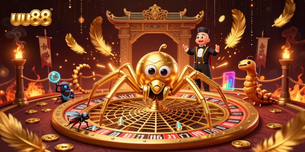 uu88 players engage with a thrilling 3D roulette scene, bet wisely under the golden spider's web.
