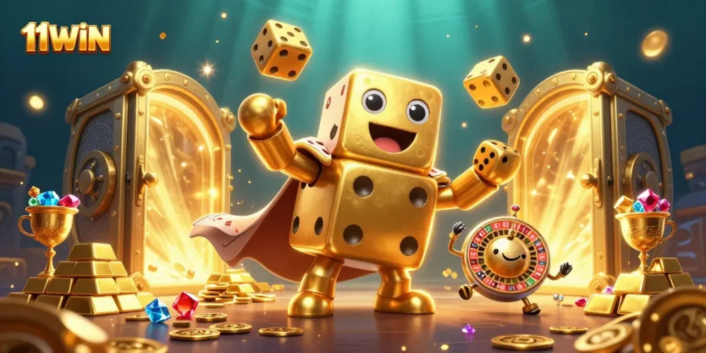 11WIN showcases a playful 3D casino scene with golden dice and dazzling gem treasures.