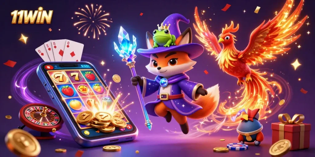 Experience thrilling gameplay at 11WIN with a whimsical wizard and phoenix bursting with casino excitement.