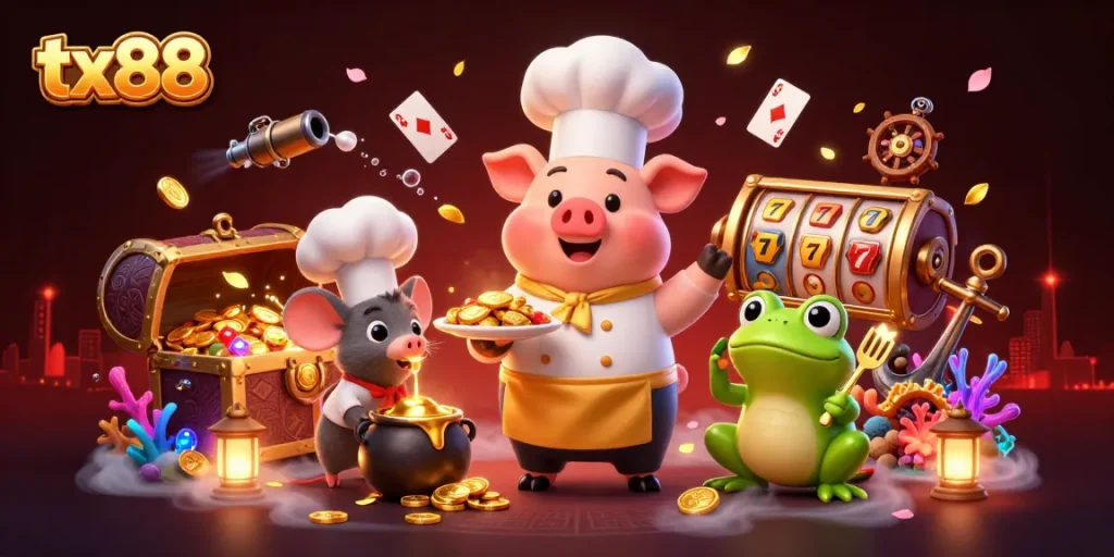 Win big with tx88 in a vibrant, dynamic 3D casino illustration featuring playful characters.
