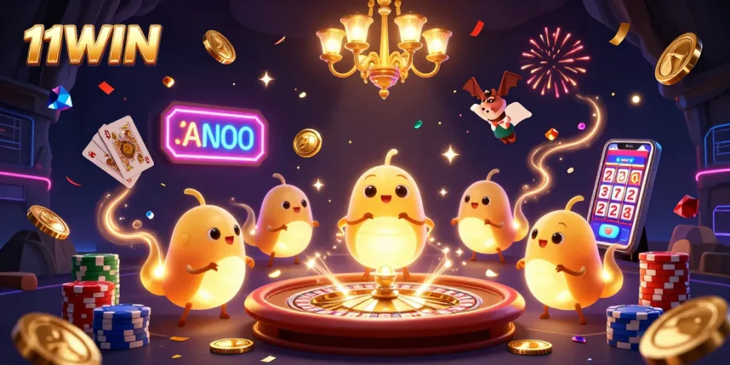 11WIN glows as glowworms illuminate a casino with vibrant winnings and dynamic games.