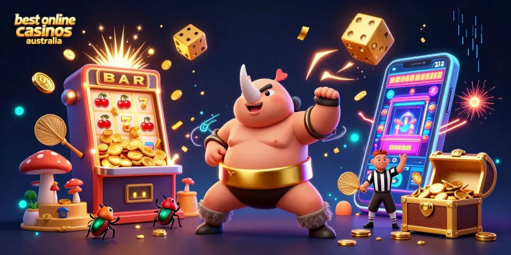 Experience the excitement of the best online casinos Australia with vibrant gaming elements and characters.