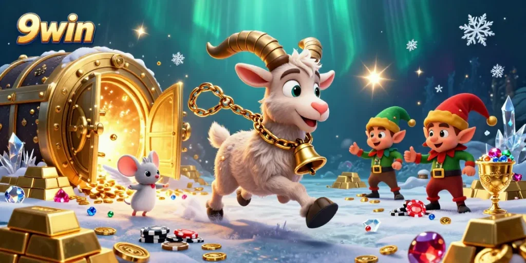 Play exciting games at 9win, featuring Krampus and gremlins in a festive casino scene.