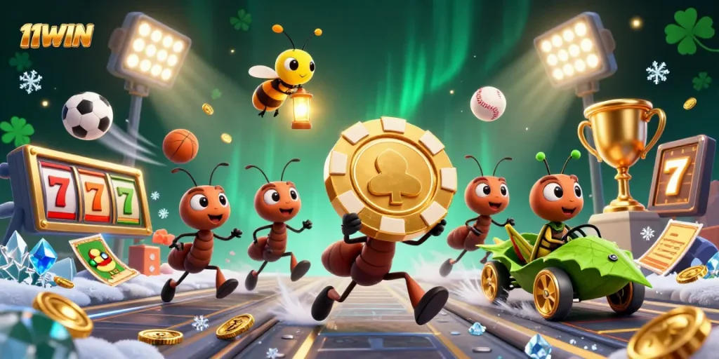 Engage in a thrilling gamble with the 11WIN ants heist carrying a gigantic poker chip, surrounded by dynamic casino elements.