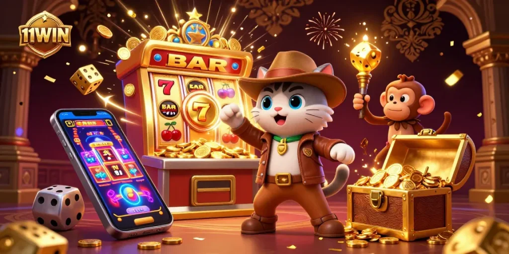 Engage with 11WIN's thrilling slot adventure scene featuring a cat and monkey amidst casino treasures.
