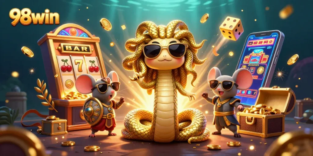 Engage in exciting wins at 98win with a vibrant, dynamic 3D casino scene featuring rich graphics and immersive elements.