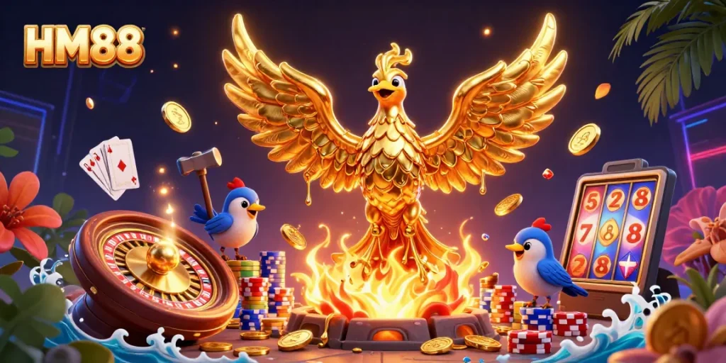 Experience thrilling gaming action at HM88 with a golden phoenix soaring above cascading coins and vibrant casino elements.