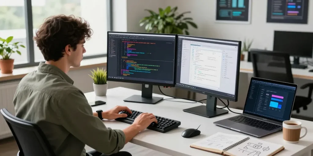 Build internal tools with AI in a modern tech workspace featuring a developer coding at dual monitors.