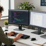 Build internal tools with AI in a modern tech workspace featuring a developer coding at dual monitors.