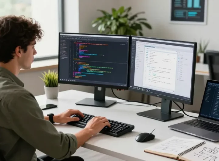 Build internal tools with AI in a modern tech workspace featuring a developer coding at dual monitors.