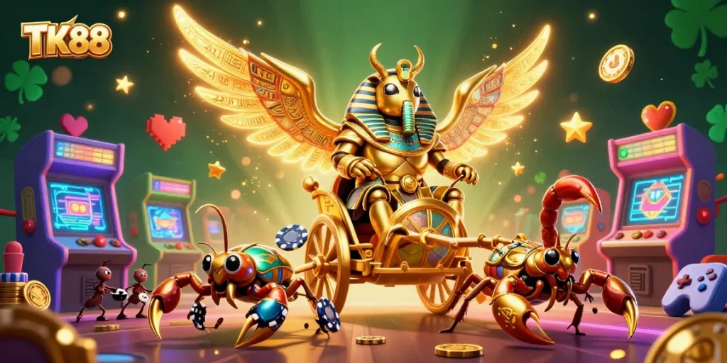 Engage with TK88's thrilling 3D gaming world featuring a pharaoh beetle, scorpions, and poker chips.