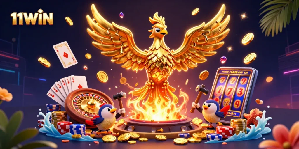 Experience the thrill of 11WIN with a molten golden phoenix and exciting gambling elements.