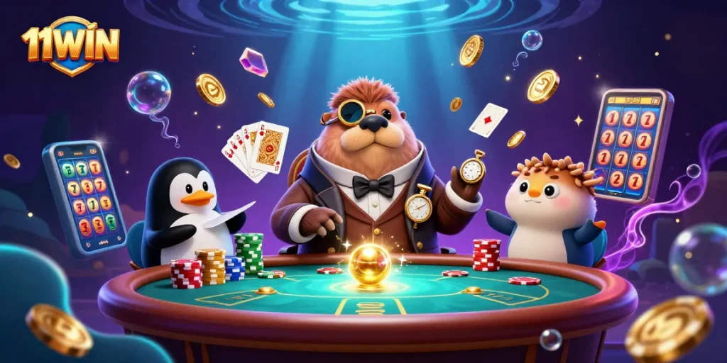 Engage in high-stakes poker with 11WIN featuring a walrus and friends in an underwater casino