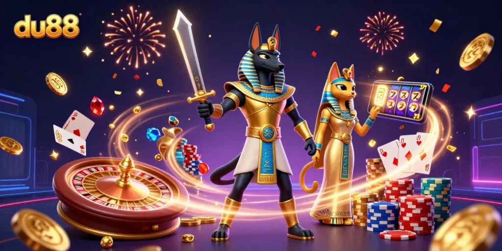 Experience the thrill of du88 with Anubis and Bastet in an energetic casino scene filled with excitement.