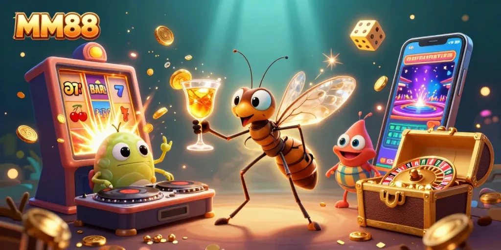 Experience the excitement of MM88 with a vibrant 3D casino scene featuring characters and lively game elements.