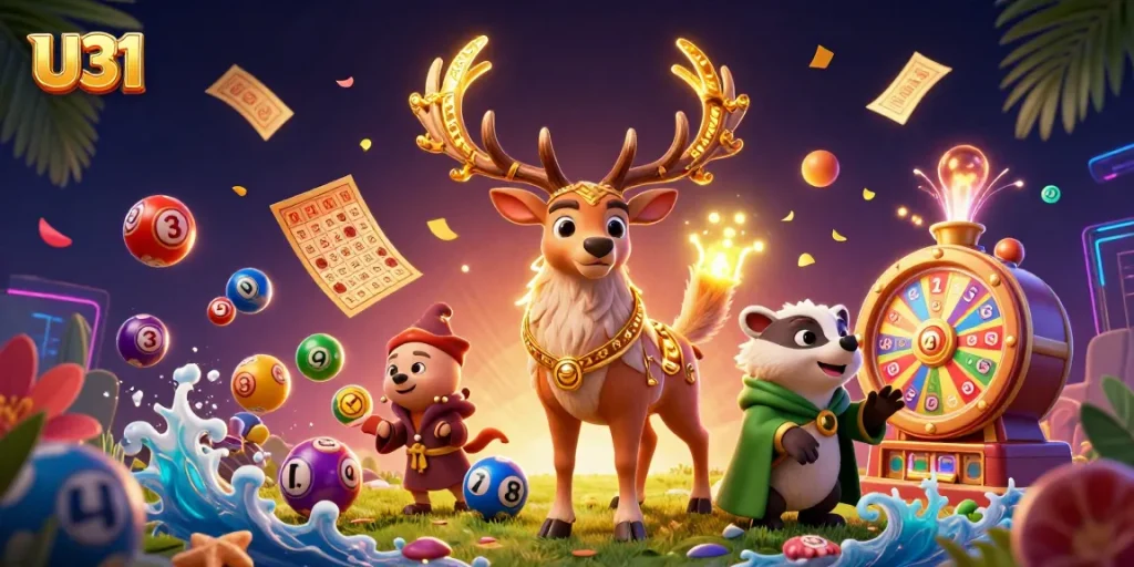 Experience thrilling gameplay with U31's vibrant lottery scene showcasing action-packed elements like colorful balls and spinning prizes.