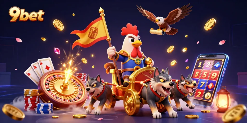 Experience thrilling gameplay at 9bet with the dynamic rooster warlord and golden chariot scene.