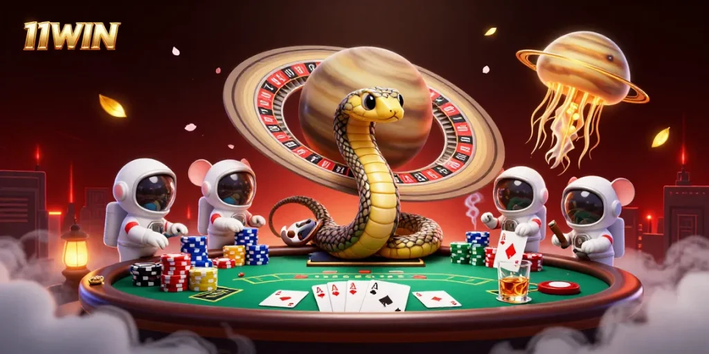 Engage with 11WIN's vibrant cosmic casino scene featuring immersive roulette and betting action.