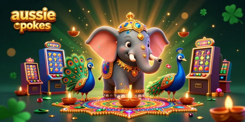 Aussie online pokies scene featuring themed casino characters with vibrant slot machines and engaging game elements.