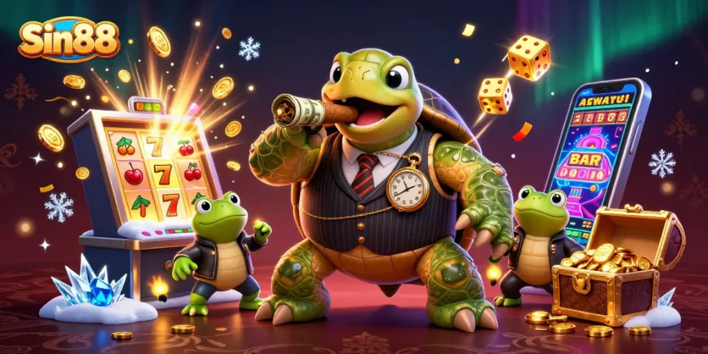 Experience the vibrant world of Sin88 with a dynamic 3D scene featuring animated casino characters and games.