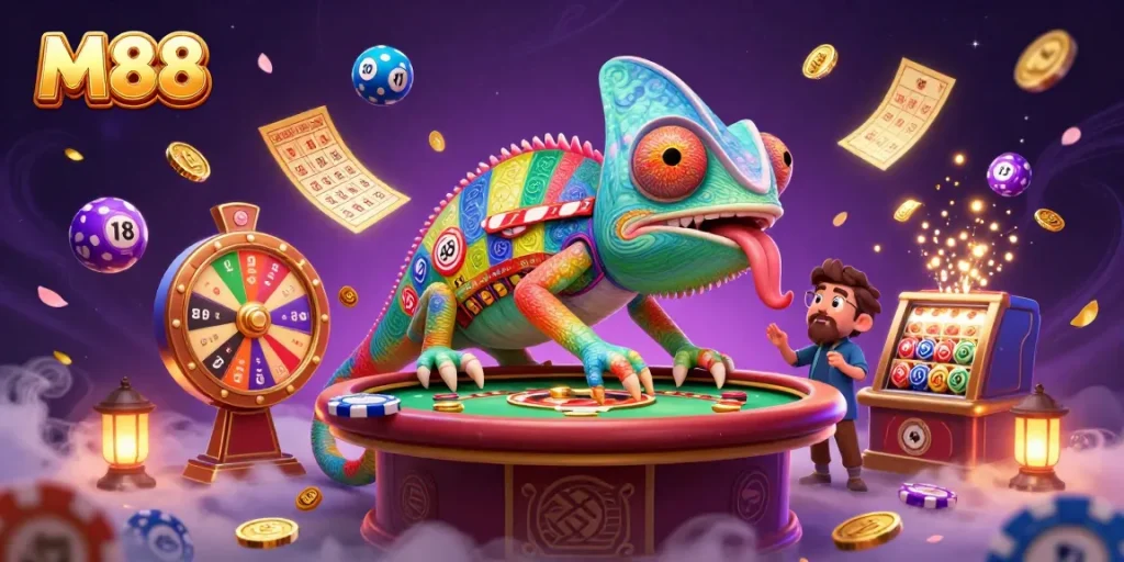 M88 chameleon casino owner dynamically engaging players with vibrant casino elements and gold coins.