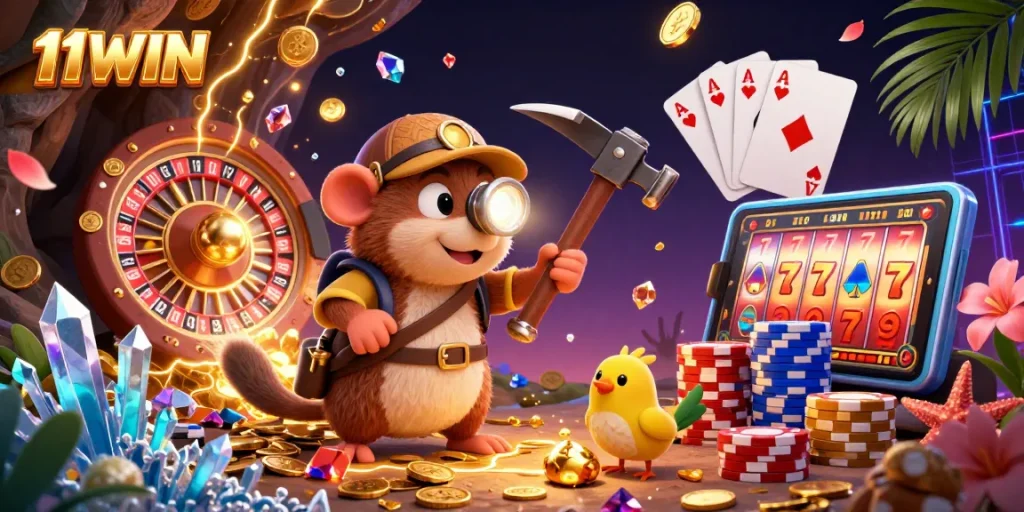 Win big with 11WIN in a vibrant casino scene featuring charming characters and exciting game elements.